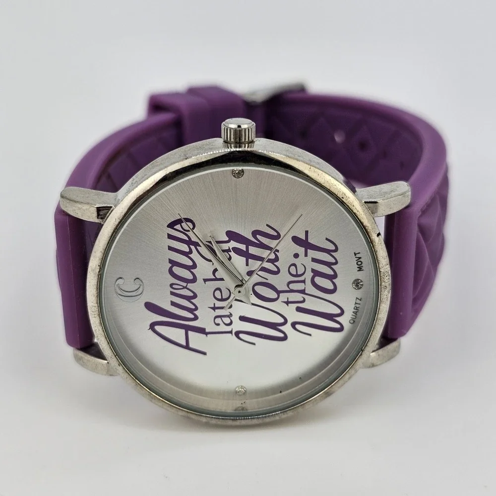 37MM Women Watch Always Late But Worth the Wait Purple Plastic Bands New Battery